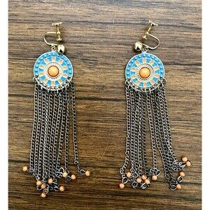 Dream Catcher Dangle Enamel Earrings Beaded Chains Screw Back Southwestern